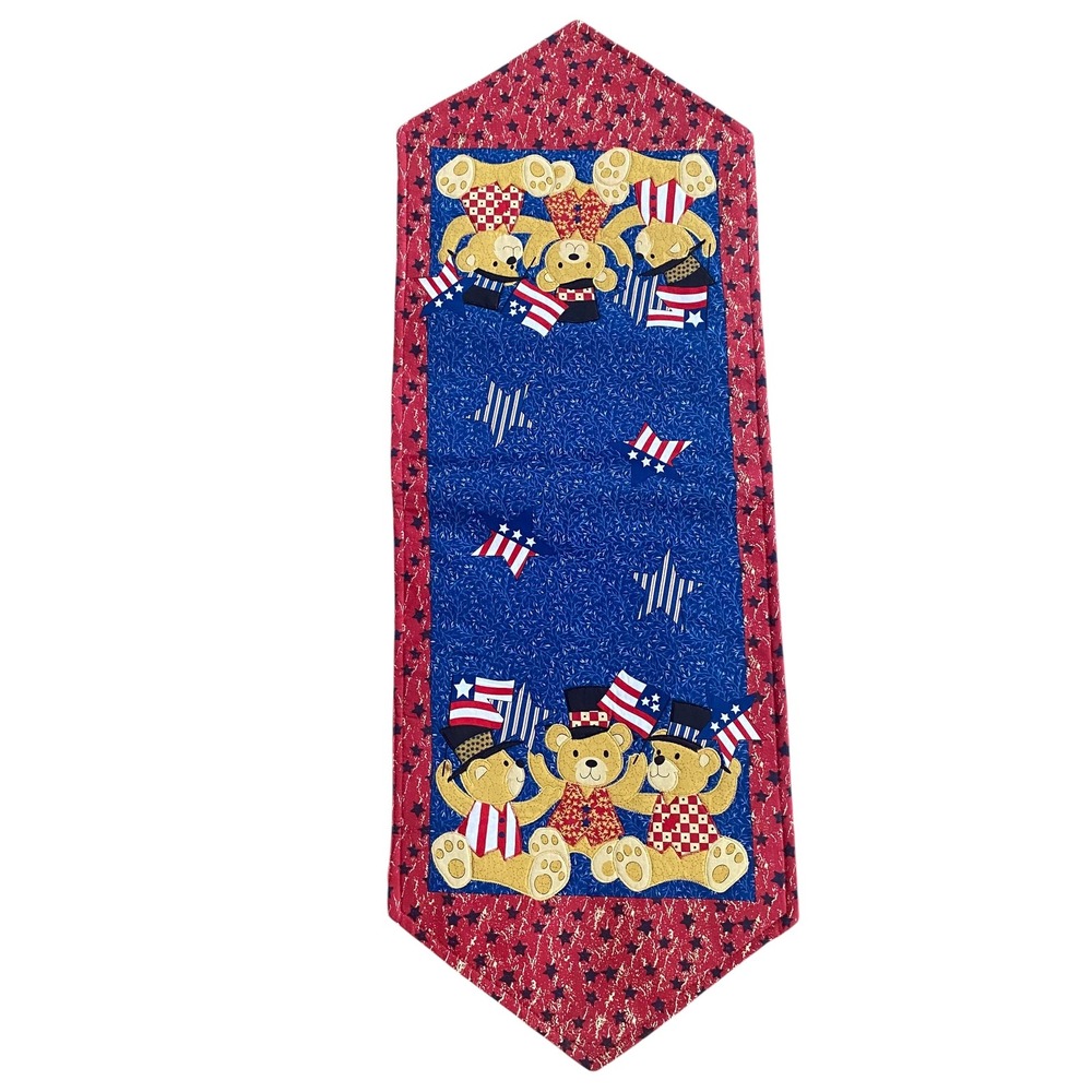 Americana Patriotic‎ Teddy Bear Quilted Table Runner 4th of July Blue Stars 36in